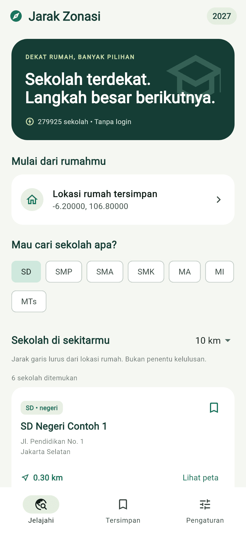 Tampilan Jelajahi Jarak Zonasi dengan pilihan jenjang dan radius pencarian